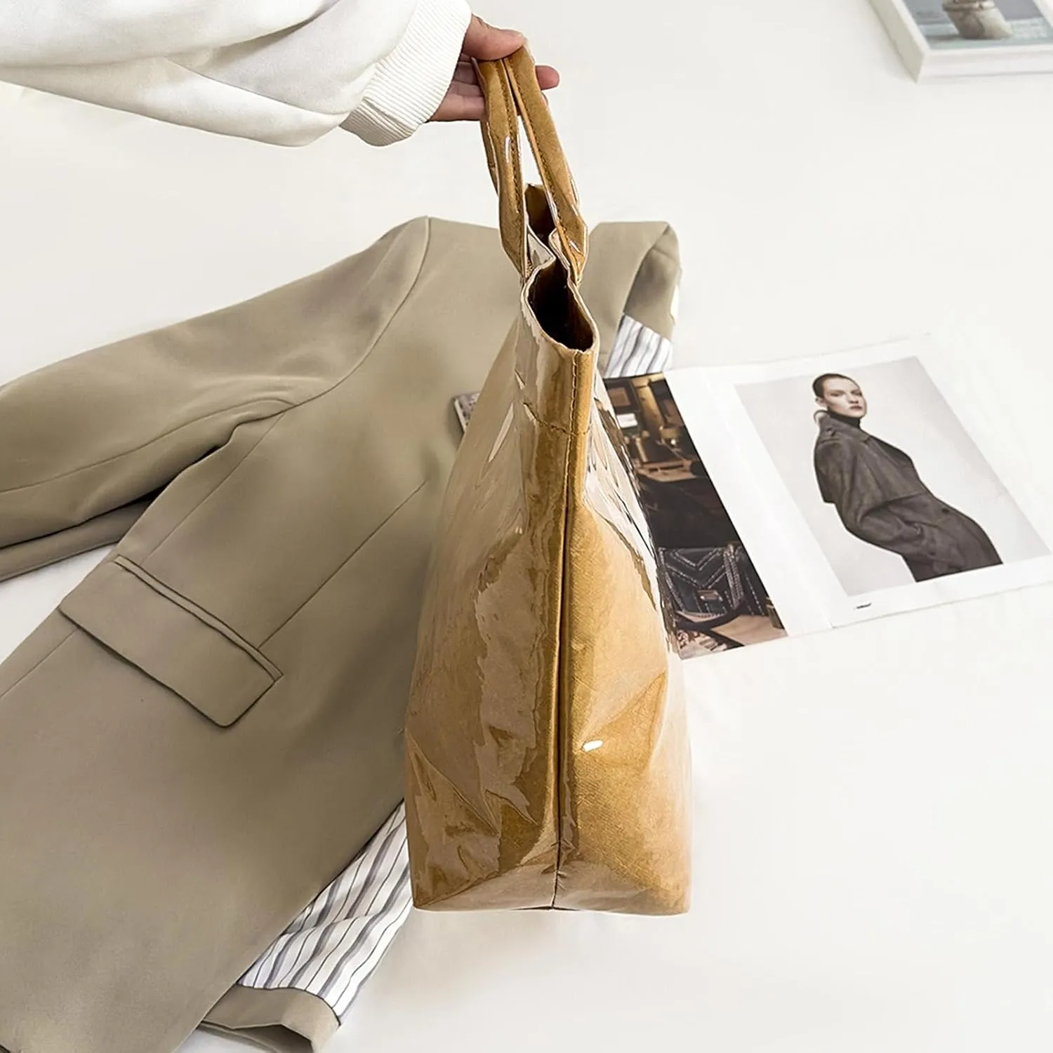 Large Capacity PVC Top Handle Bag for Women with Stylish Letter Print Handbag Kraft Paper Bag for Office and Daily Use