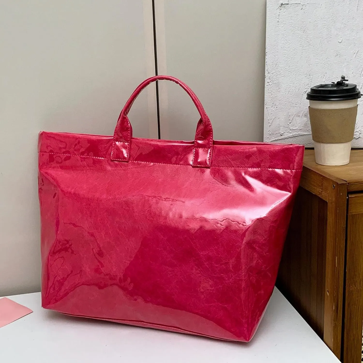 Large Capacity PVC Top Handle Bag for Women with Stylish Letter Print Handbag Kraft Paper Bag for Office and Daily Use
