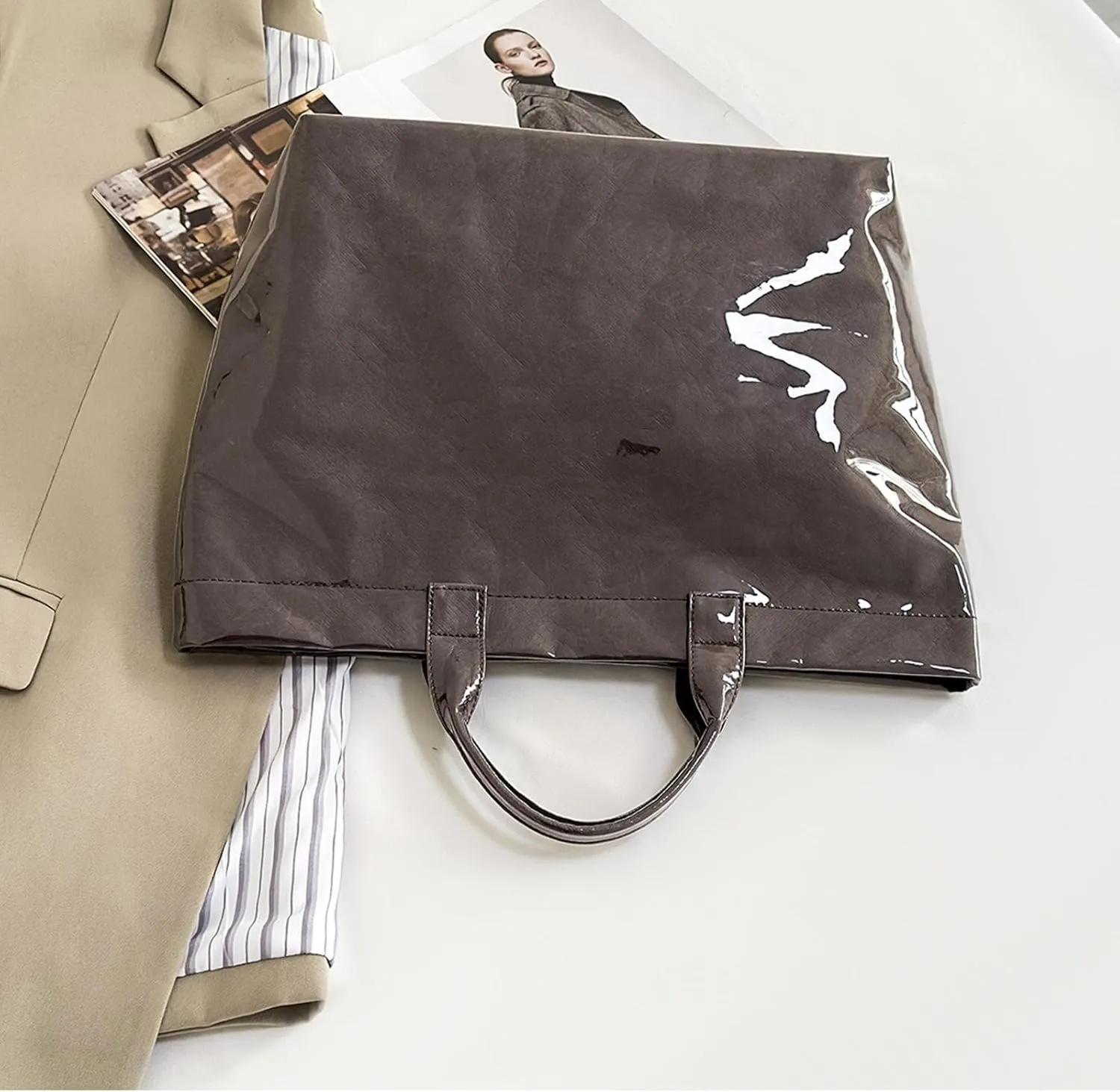 Large Capacity PVC Top Handle Bag for Women with Stylish Letter Print Handbag Kraft Paper Bag for Office and Daily Use