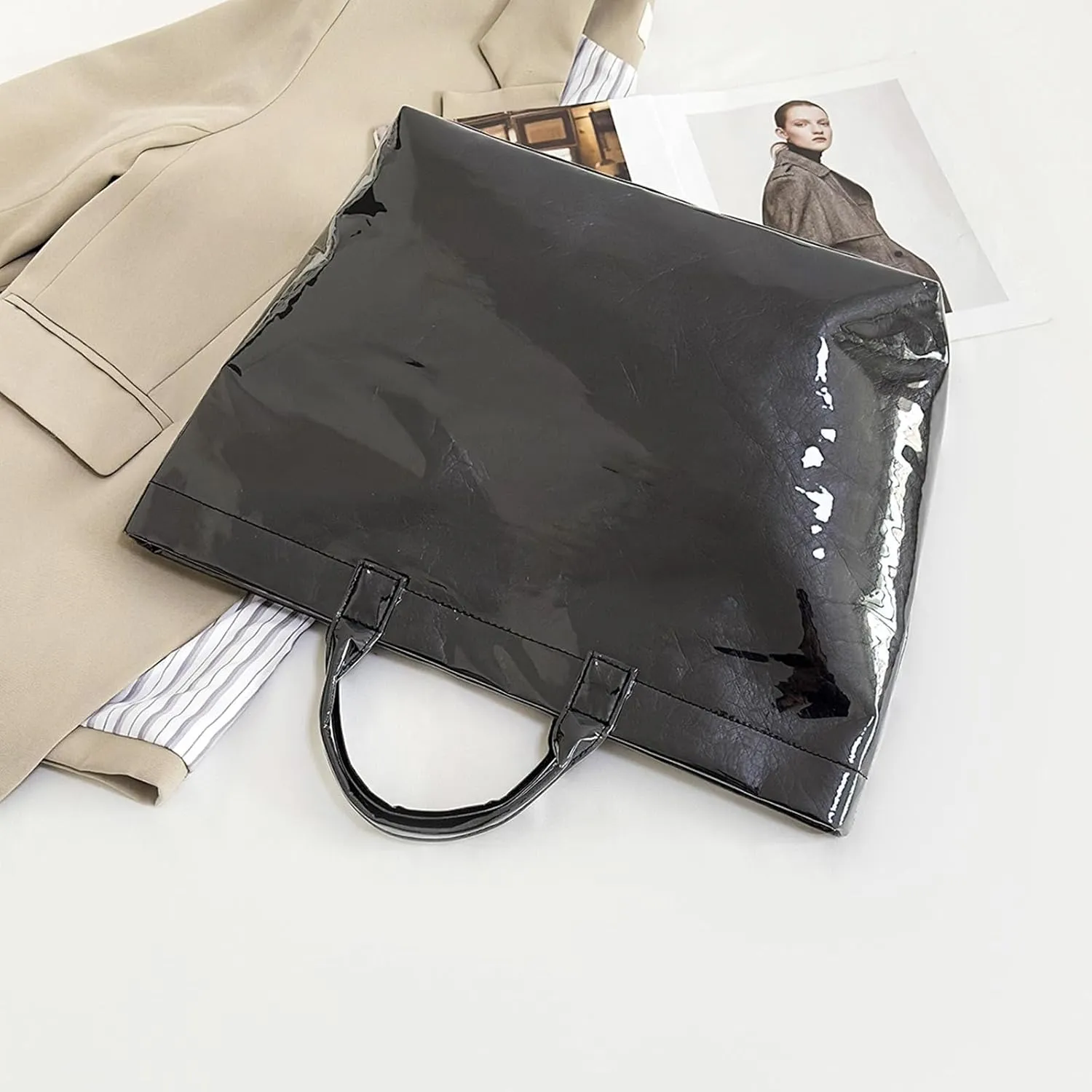 Large Capacity PVC Top Handle Bag for Women with Stylish Letter Print Handbag Kraft Paper Bag for Office and Daily Use