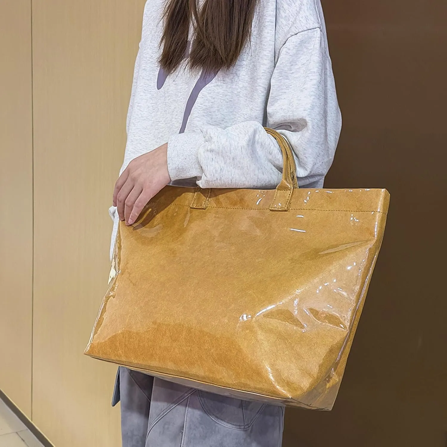 Large Capacity PVC Top Handle Bag for Women with Stylish Letter Print Handbag Kraft Paper Bag for Office and Daily Use