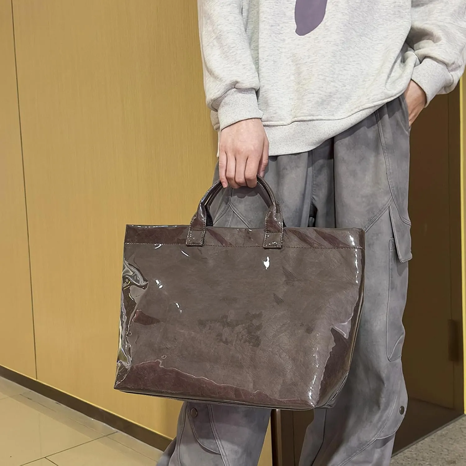 Large Capacity PVC Top Handle Bag for Women with Stylish Letter Print Handbag Kraft Paper Bag for Office and Daily Use