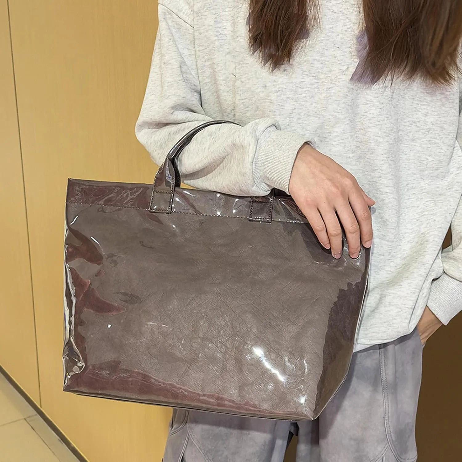 Large Capacity PVC Top Handle Bag for Women with Stylish Letter Print Handbag Kraft Paper Bag for Office and Daily Use