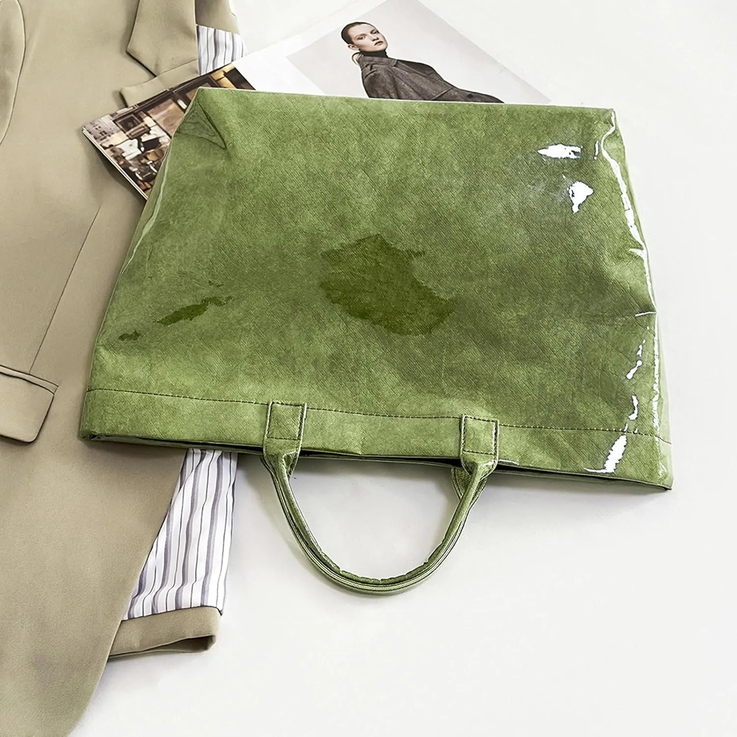 Large Capacity PVC Top Handle Bag for Women with Stylish Letter Print Handbag Kraft Paper Bag for Office and Daily Use