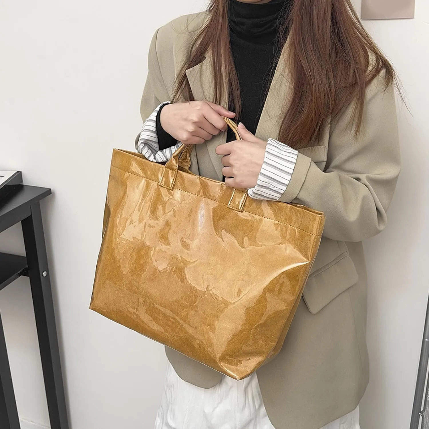 Large Capacity PVC Top Handle Bag for Women with Stylish Letter Print Handbag Kraft Paper Bag for Office and Daily Use