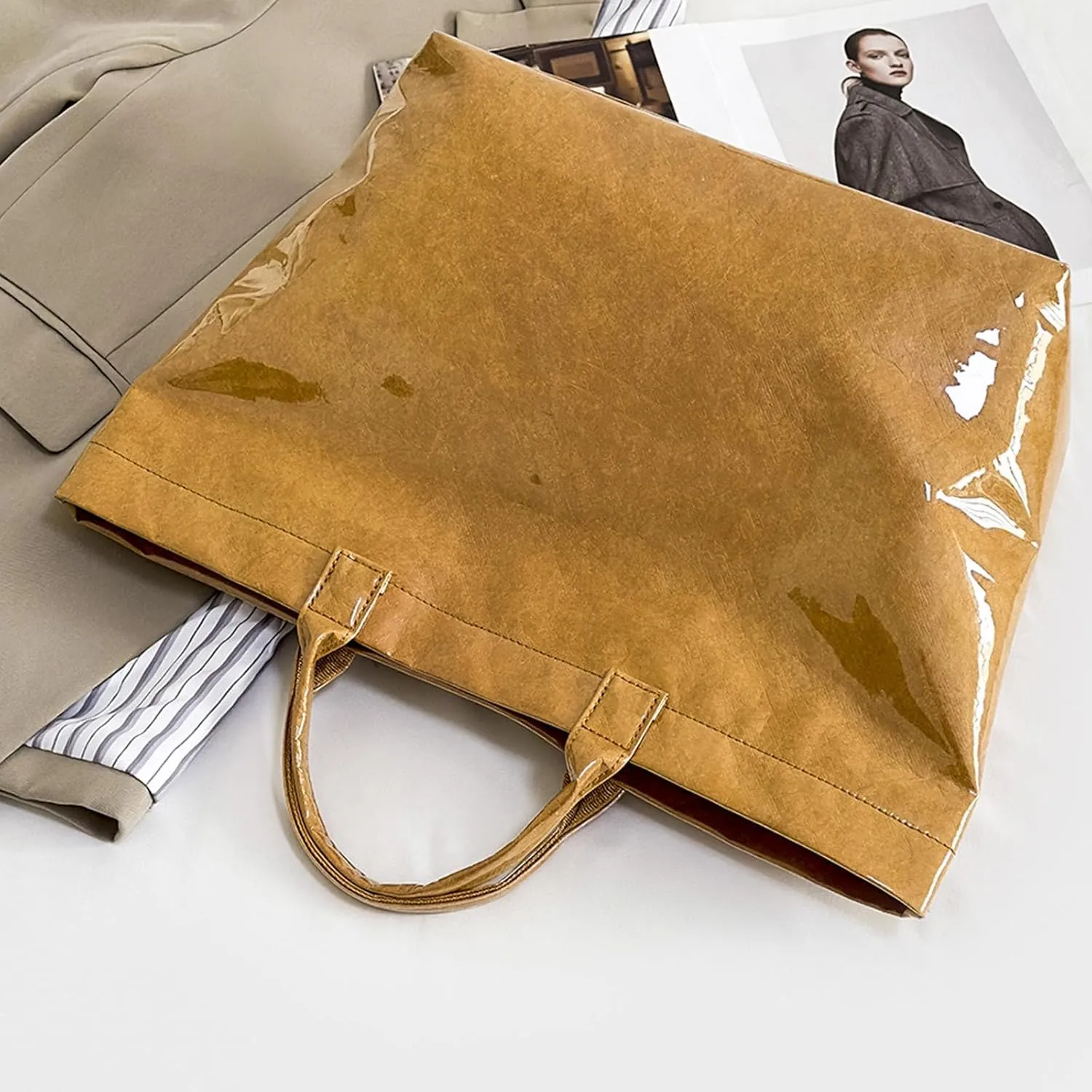 Large Capacity PVC Top Handle Bag for Women with Stylish Letter Print Handbag Kraft Paper Bag for Office and Daily Use
