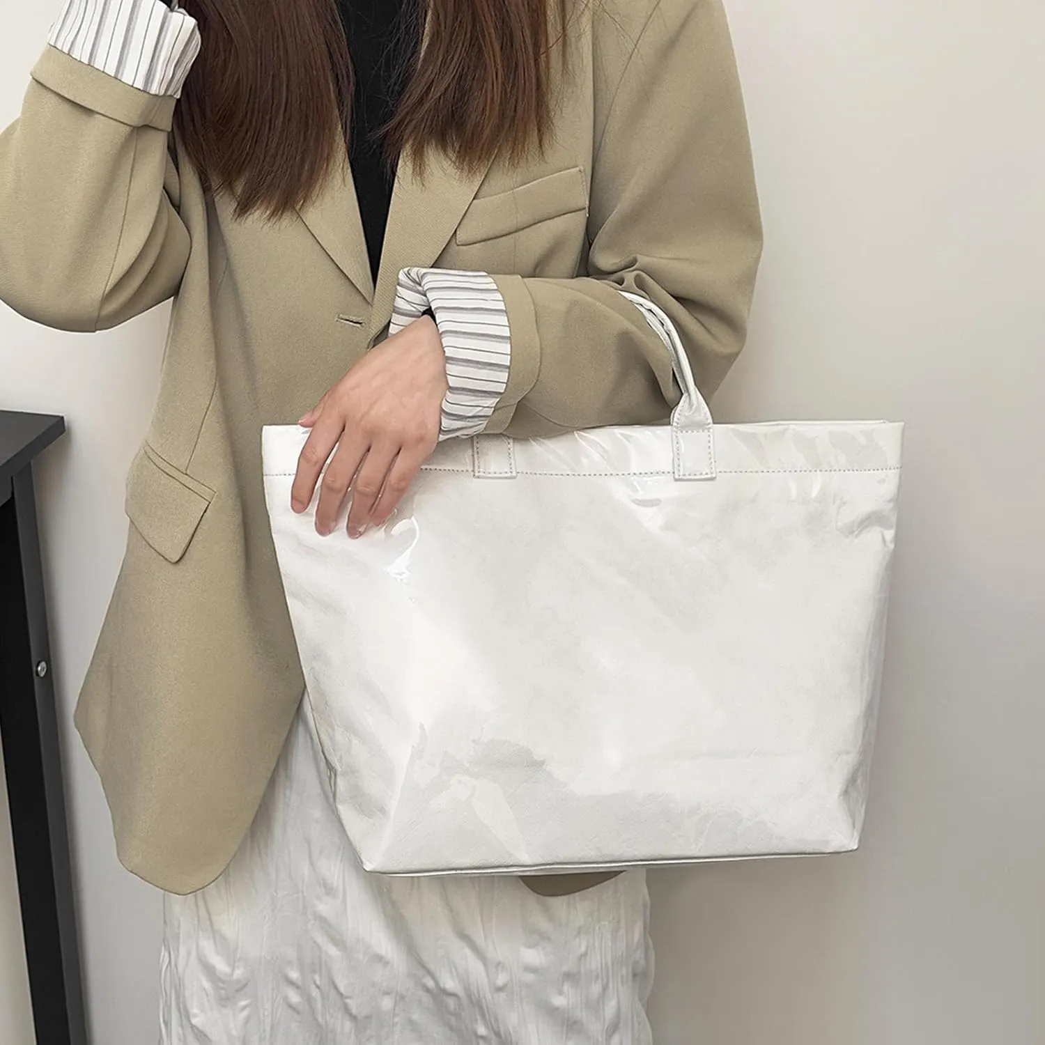 Large Capacity PVC Top Handle Bag for Women with Stylish Letter Print Handbag Kraft Paper Bag for Office and Daily Use