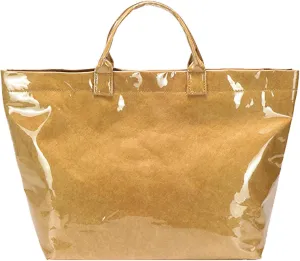 Large Capacity PVC Top Handle Bag for Women with Stylish Letter Print Handbag Kraft Paper Bag for Office and Daily Use