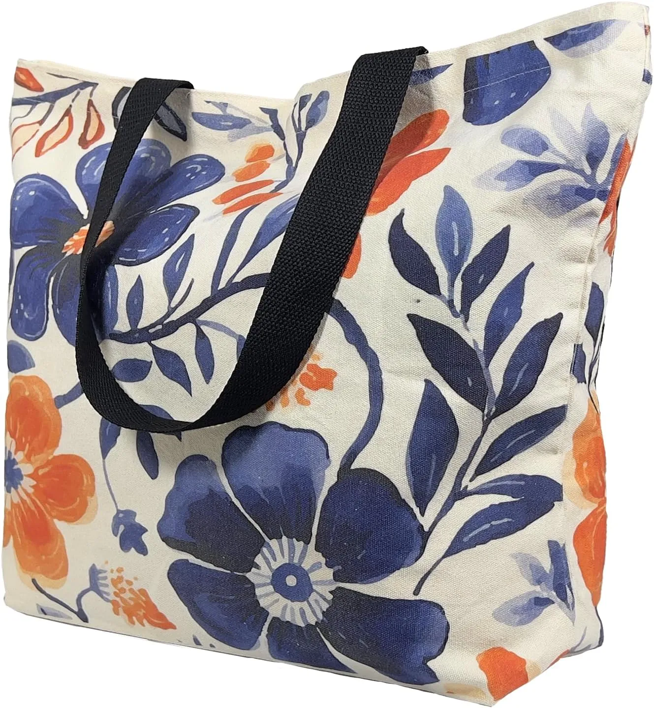 Large Tote Bag for Women, Floral Grocery Tote with Snap Thick Canvas Both Side Pattern, Gift Daily Use Shopping Travel Picnic