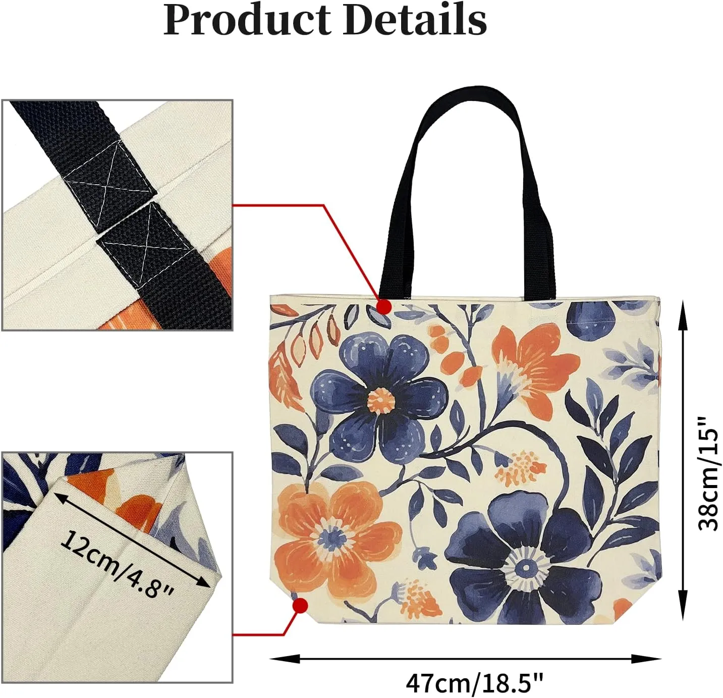 Large Tote Bag for Women, Floral Grocery Tote with Snap Thick Canvas Both Side Pattern, Gift Daily Use Shopping Travel Picnic