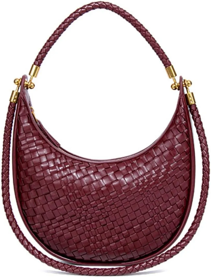 Leather Hobo Bag for Women, Woven Crescent Shoulder Handbag Half Moon Crossbody Purse Underarm Tote Bag for Daily Use