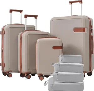 Lightweight 4 Piece Luggage Set with Compression Packing Cubes, Expandable Spinner Wheels, 16IN to 28IN Sizes, Khaki