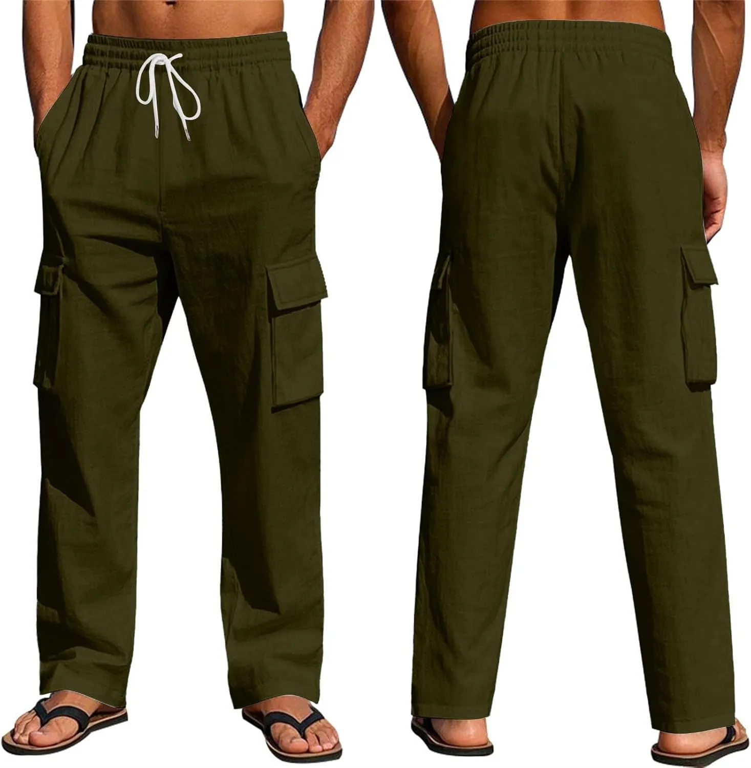 Linen Pants Men Drawstring Casual Elastic Waist Linen Cargo Pants with Multi Pockets Loose Fit Summer Beach Pant