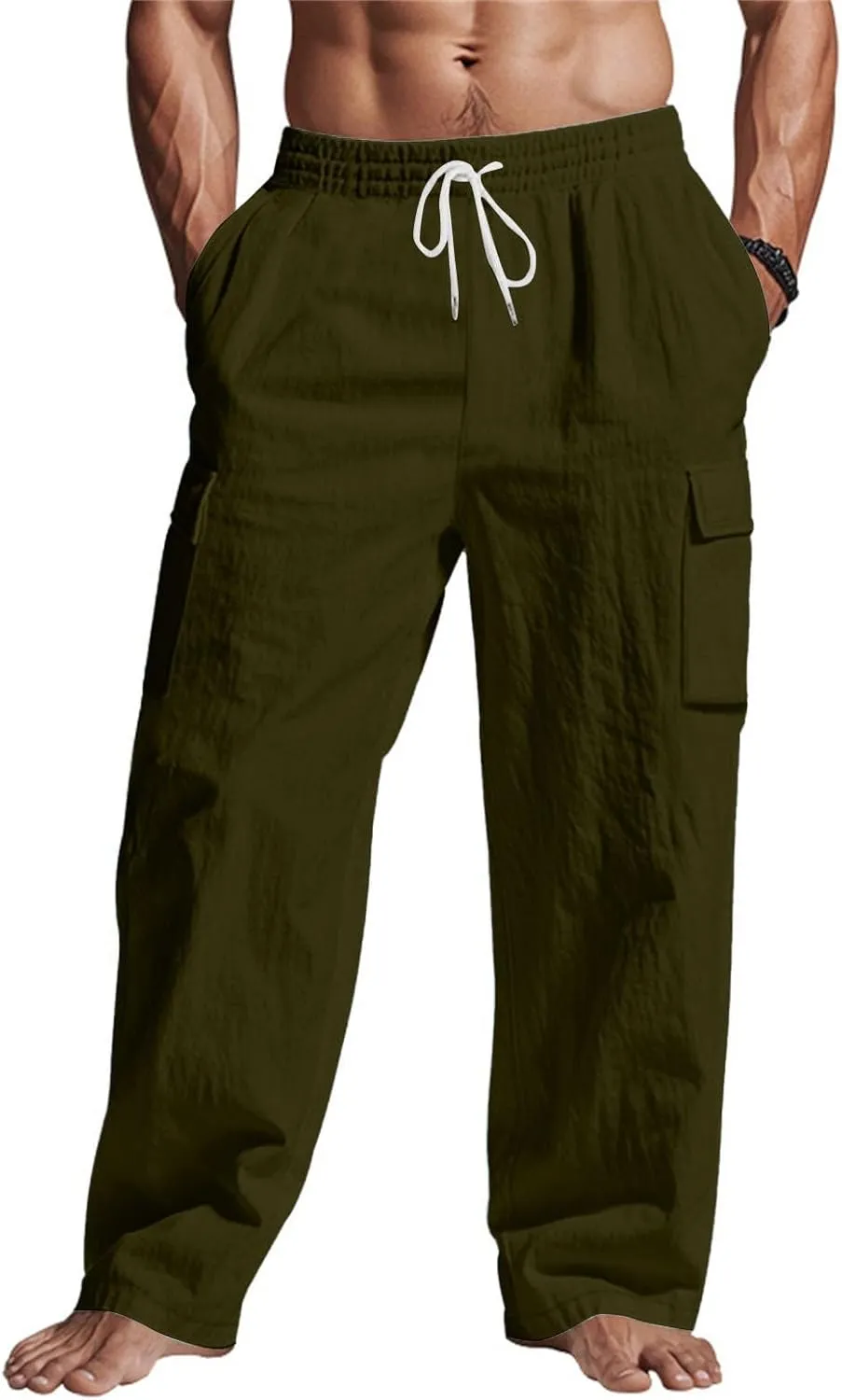 Linen Pants Men Drawstring Casual Elastic Waist Linen Cargo Pants with Multi Pockets Loose Fit Summer Beach Pant