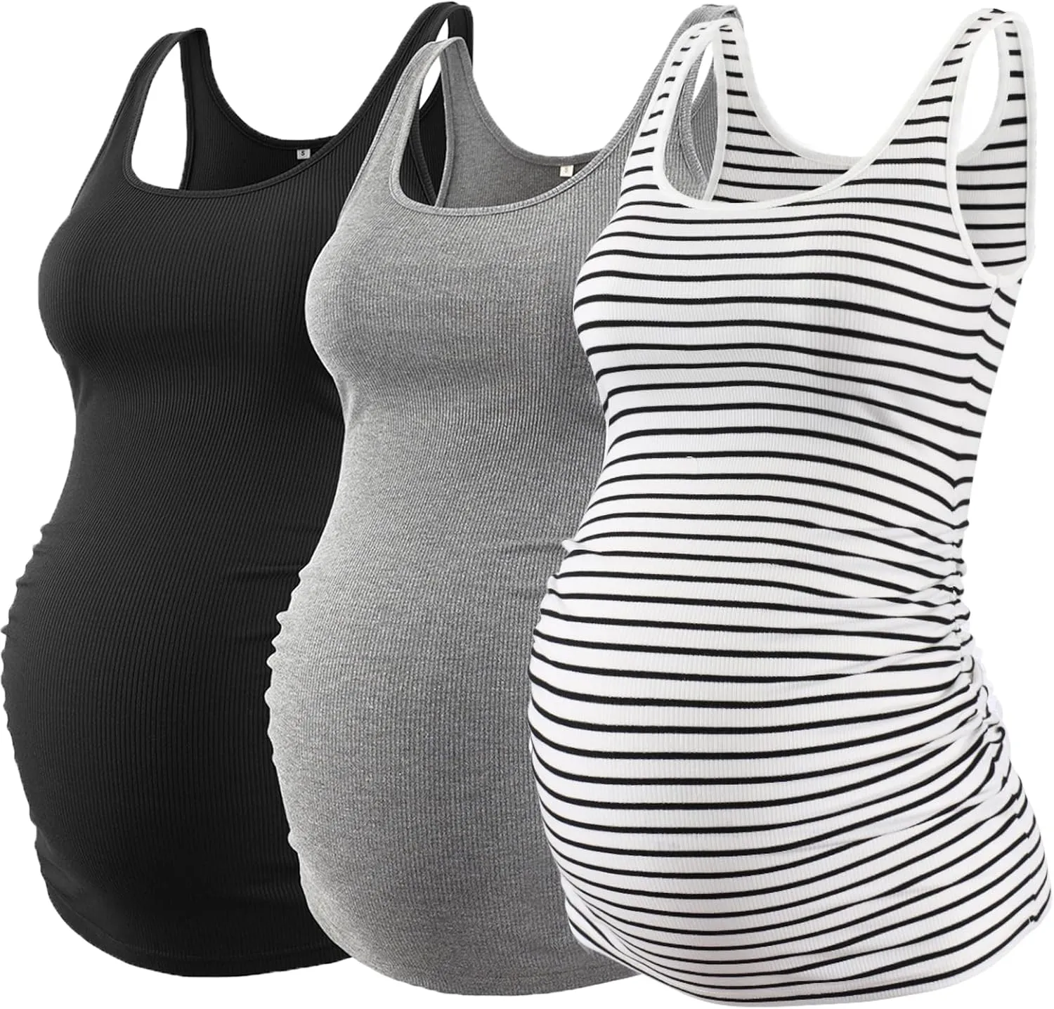 Liu & Qu Maternity Tank Tops Rib Side-Shirred Sleeveless Pregnancy Basic Shirt 3-Pack