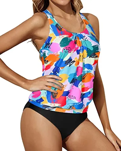 Loose Fit Racerback Tank Tops Bottoms Blouson Swimwear-Color Block