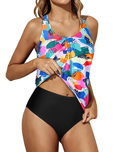 Loose Fit Racerback Tank Tops Bottoms Blouson Swimwear-Color Block