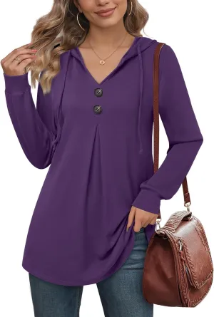 Lotusmile Women's Long Sleeve Hooded Tunic Tops Button Swing Pullover Hoodie Sweatshirts
