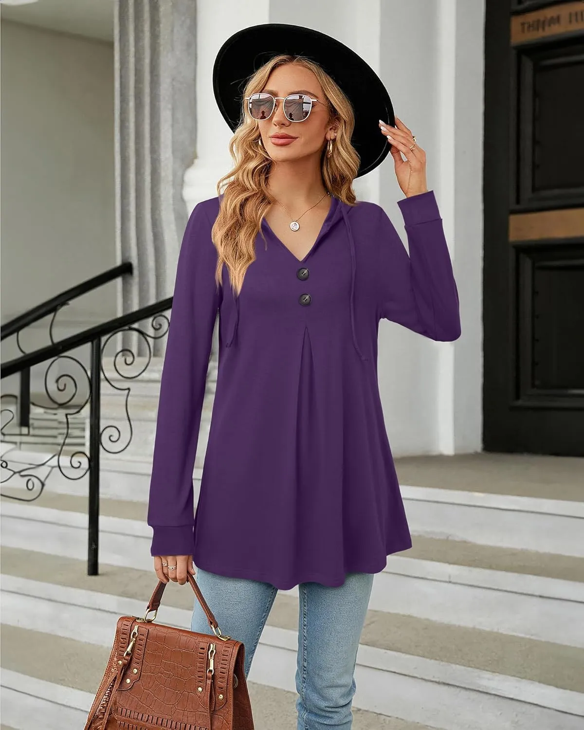 Lotusmile Women's Long Sleeve Hooded Tunic Tops Button Swing Pullover Hoodie Sweatshirts