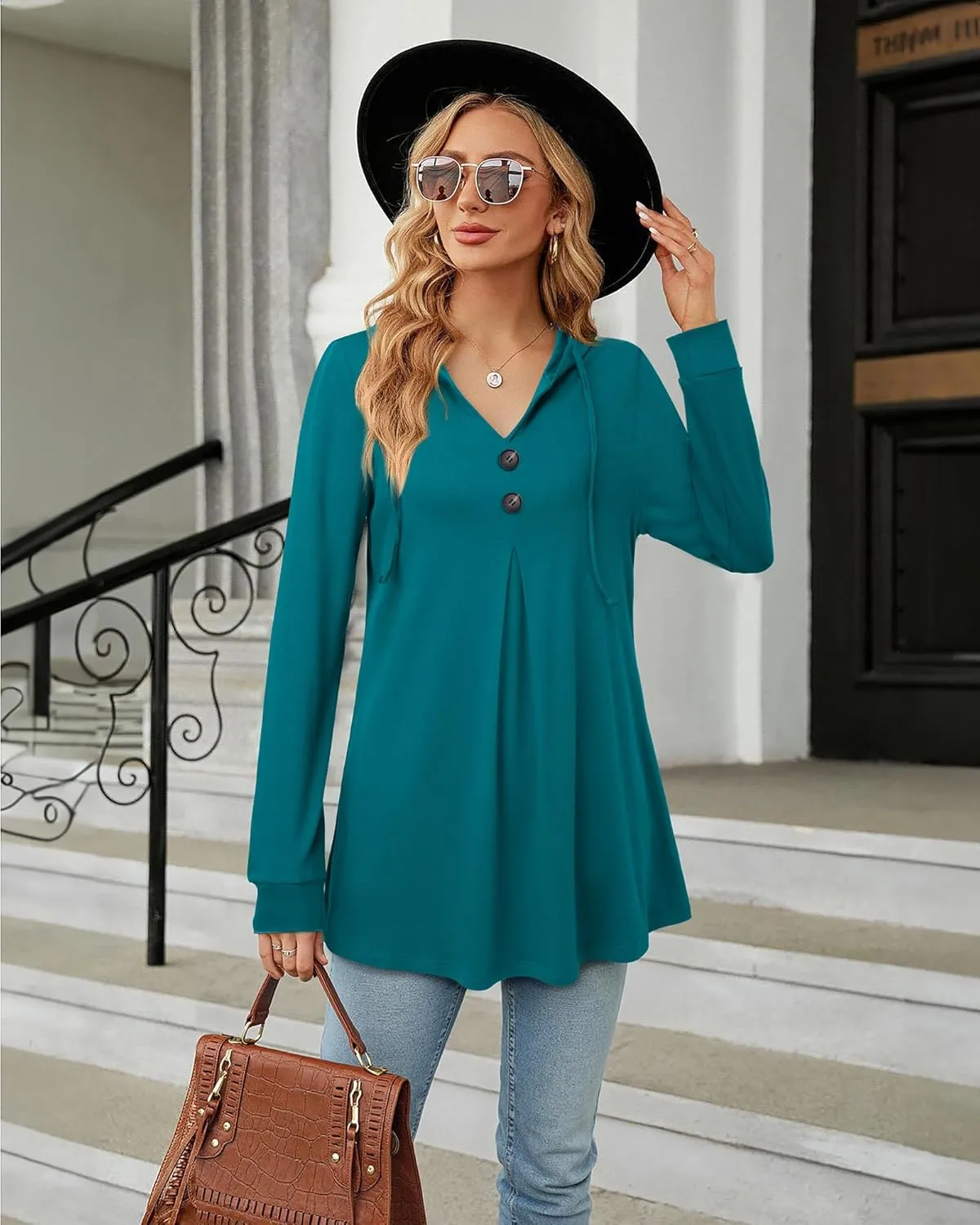 Lotusmile Women's Long Sleeve Hooded Tunic Tops Button Swing Pullover Hoodie Sweatshirts