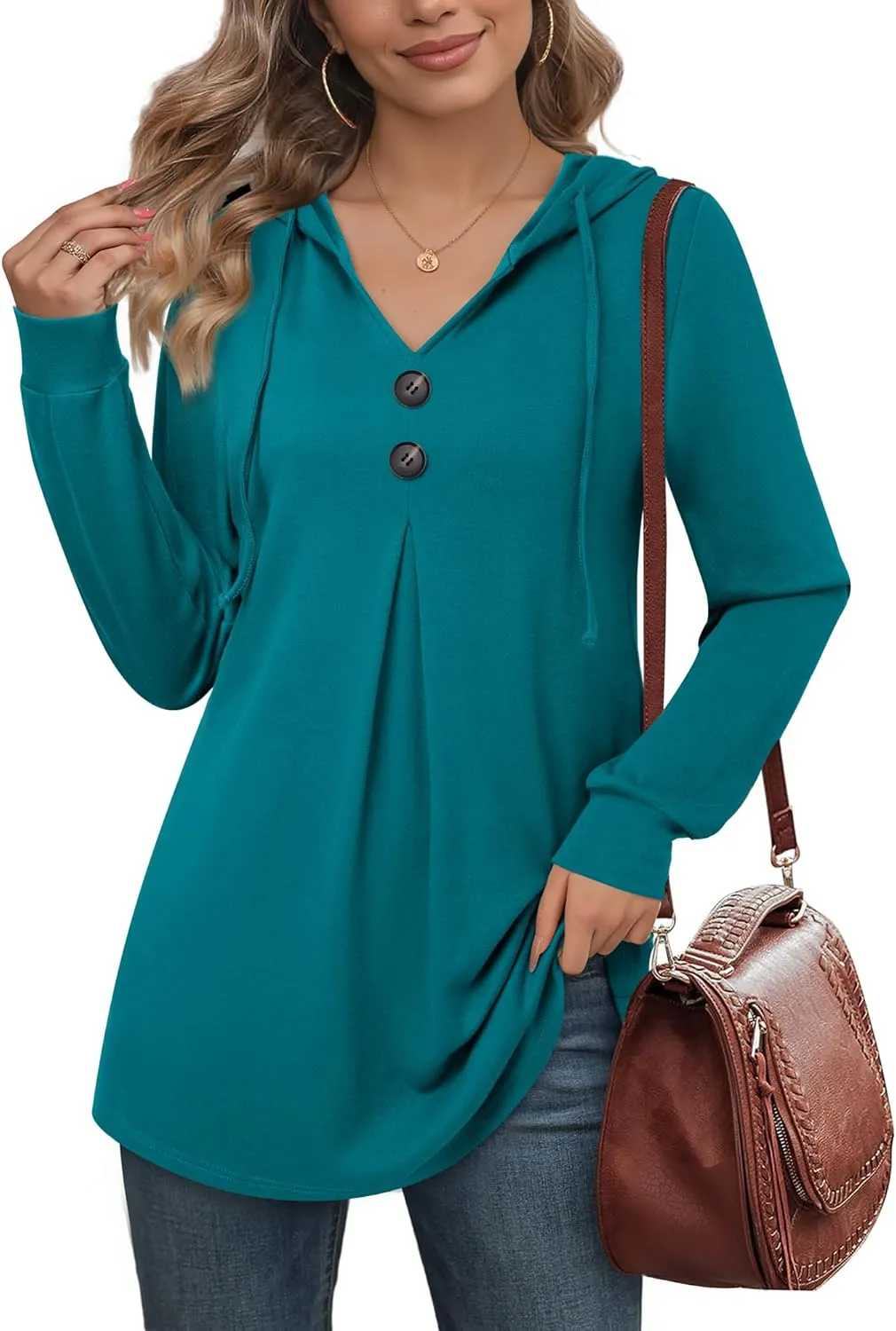 Lotusmile Women's Long Sleeve Hooded Tunic Tops Button Swing Pullover Hoodie Sweatshirts