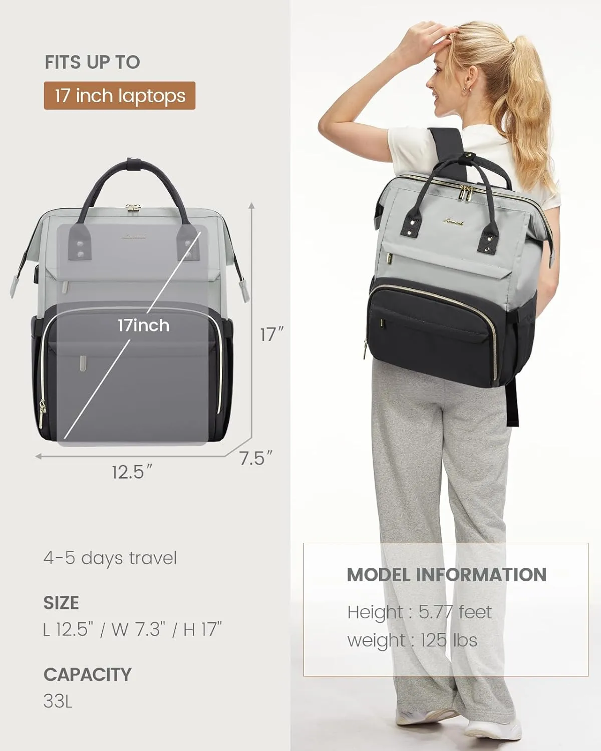 LOVEVOOK Laptop Backpack for Women, 17-inch Large Capacity Fashion Work Computer Backpacks, Travel Business Bags Purse, Teacher Doctor Nurse Backpack, Light Grey-Dark Grey
