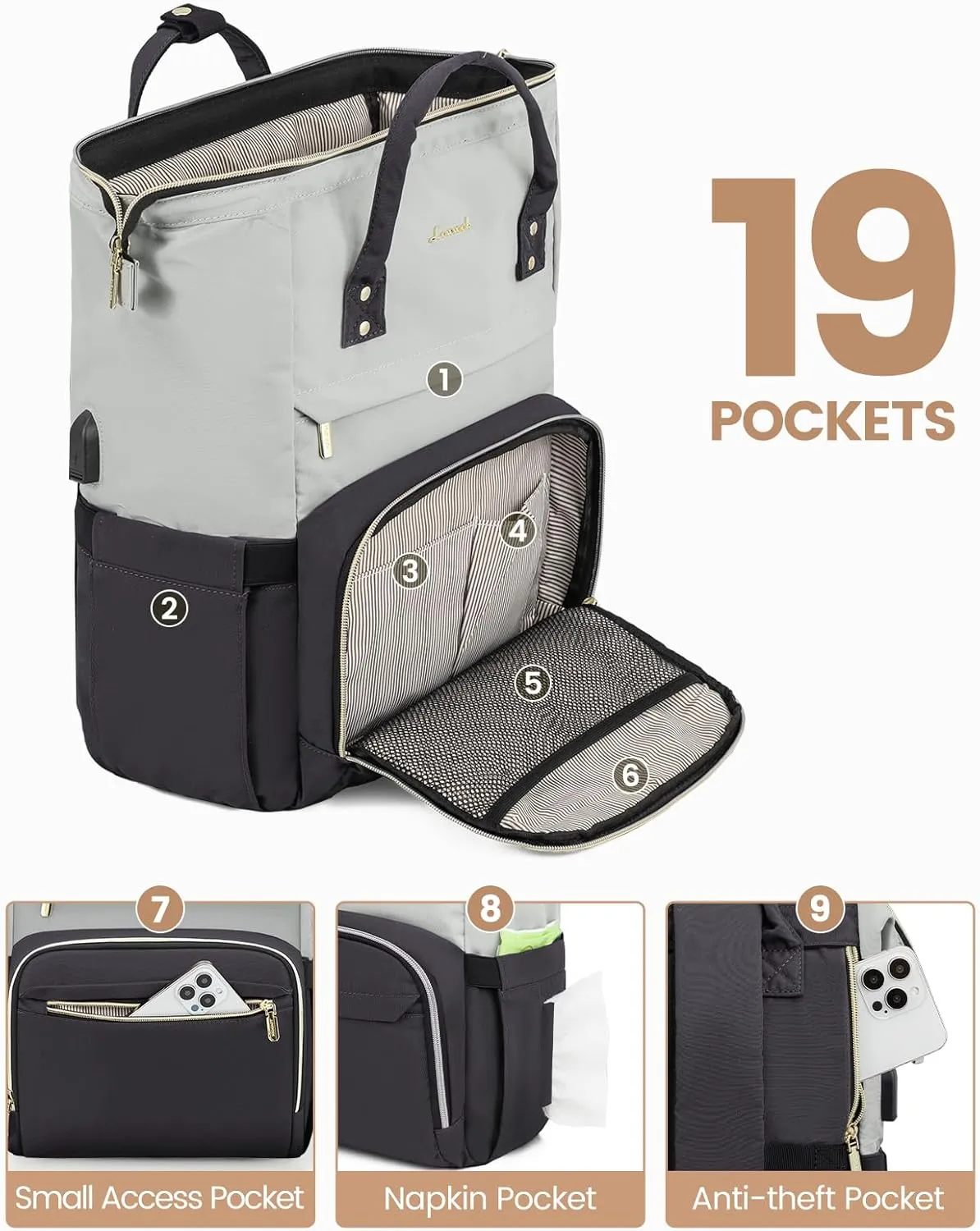 LOVEVOOK Laptop Backpack for Women, 17-inch Large Capacity Fashion Work Computer Backpacks, Travel Business Bags Purse, Teacher Doctor Nurse Backpack, Light Grey-Dark Grey