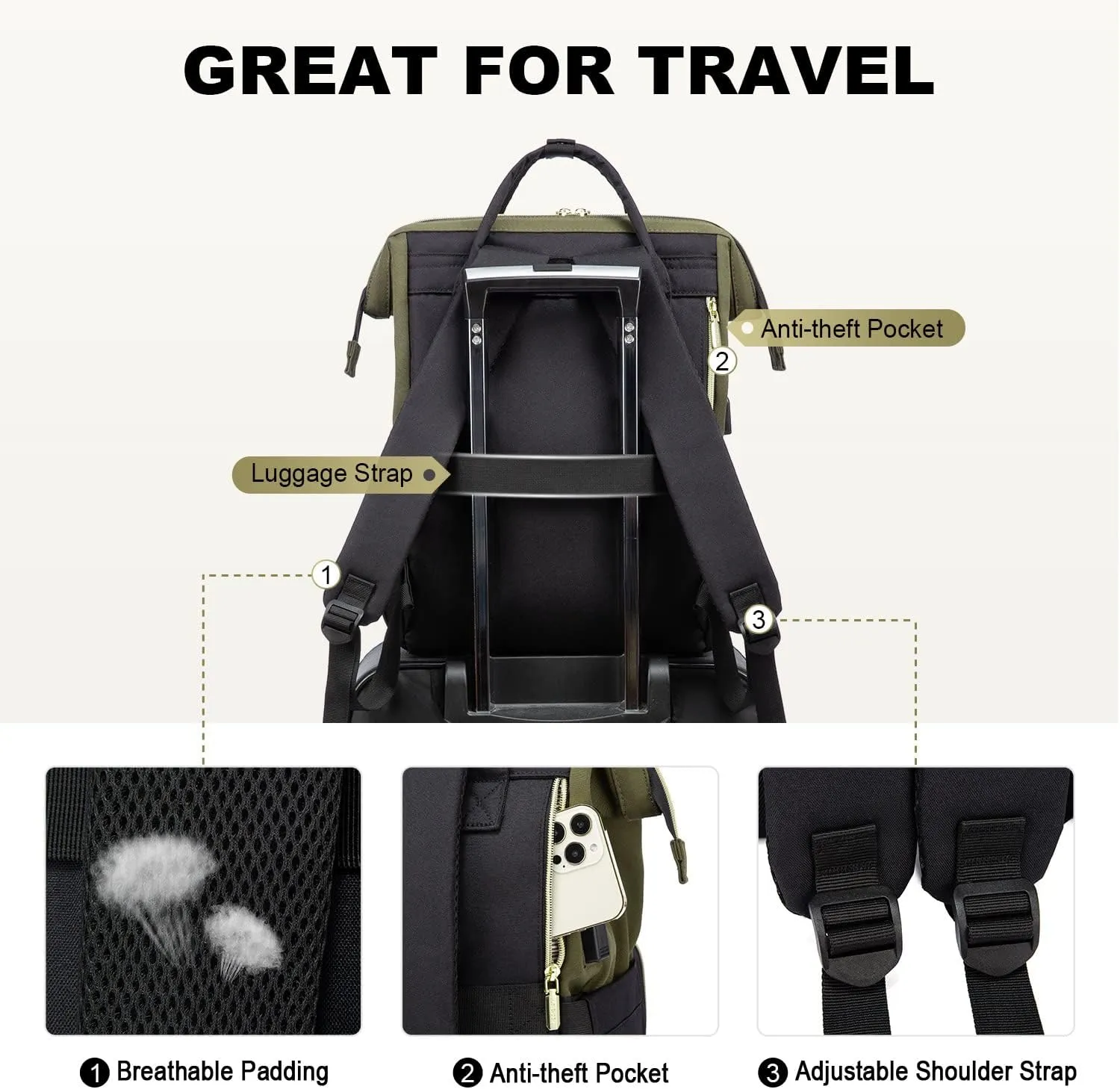 LOVEVOOK Laptop Backpack for Women, 17-inch Large Capacity Fashion Work Computer Backpacks, Travel Business Bags Purse, Teacher Doctor Nurse Backpack with USB Port, Army Green-Black