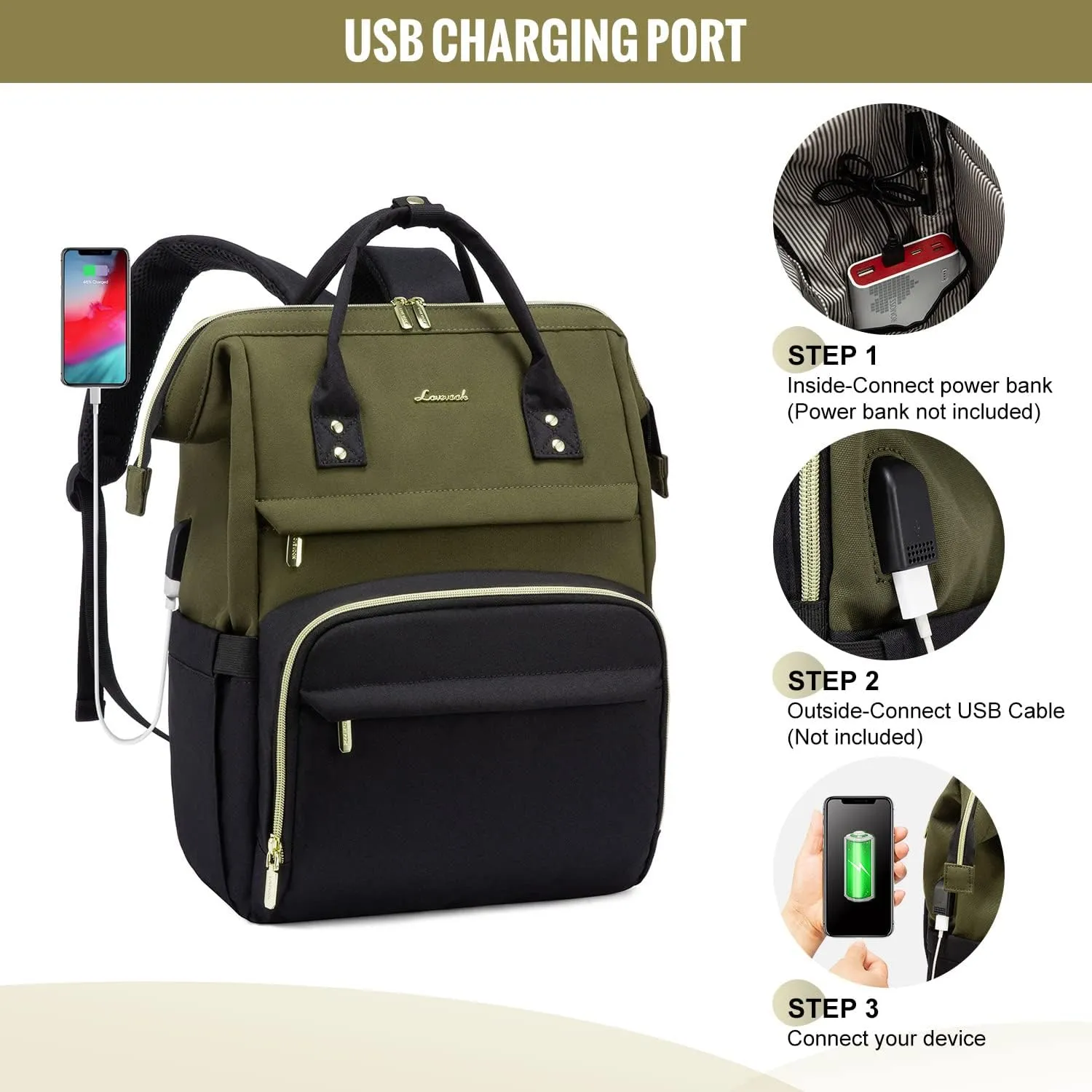 LOVEVOOK Laptop Backpack for Women, 17-inch Large Capacity Fashion Work Computer Backpacks, Travel Business Bags Purse, Teacher Doctor Nurse Backpack with USB Port, Army Green-Black