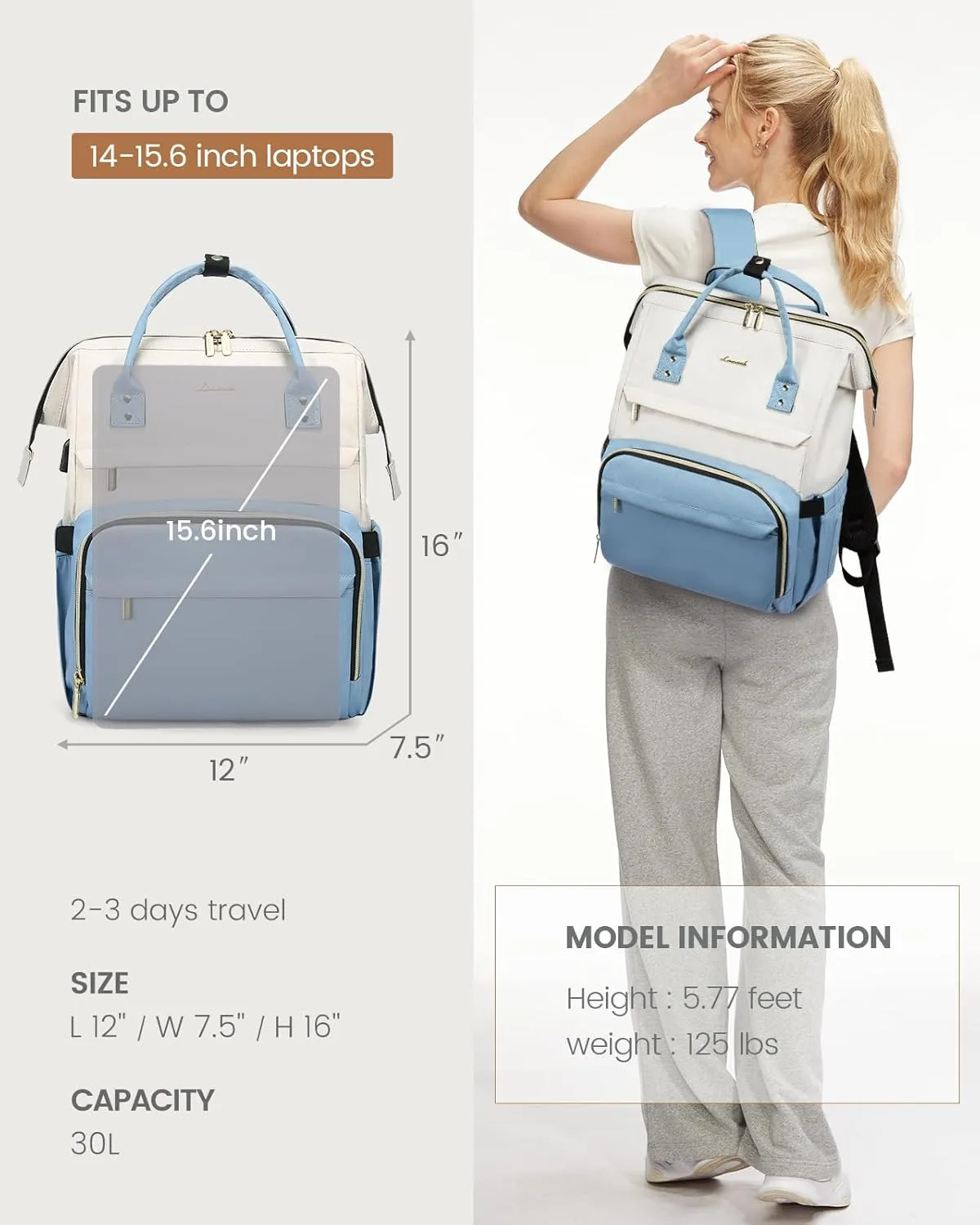 LOVEVOOK Laptop Backpack for Women Fashion Business Computer Backpacks Travel Bags Purse Doctor Nurse Work Backpack with USB Port, Fits 15.6-Inch Laptop Beige-Light Blue