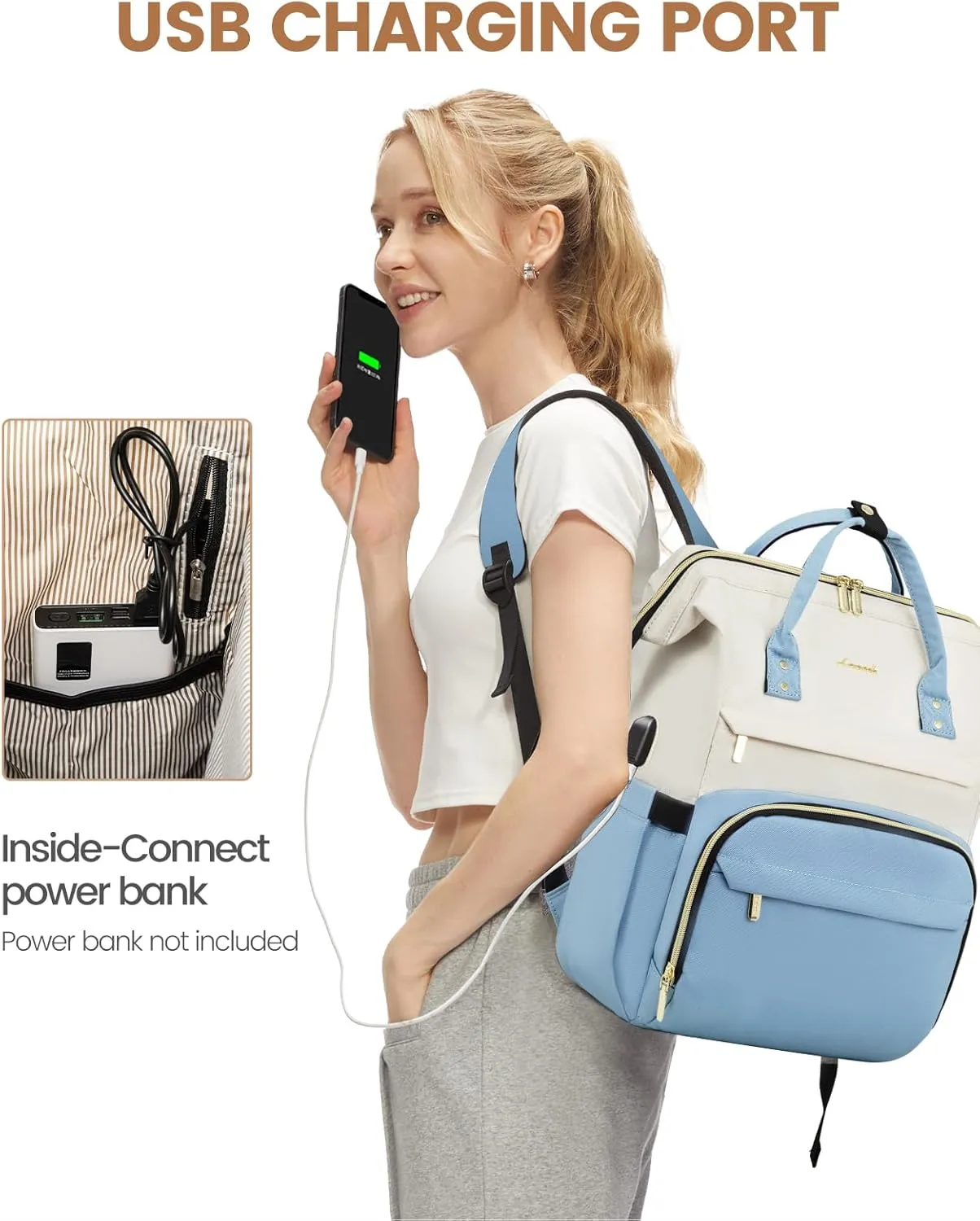 LOVEVOOK Laptop Backpack for Women Fashion Business Computer Backpacks Travel Bags Purse Doctor Nurse Work Backpack with USB Port, Fits 15.6-Inch Laptop Beige-Light Blue