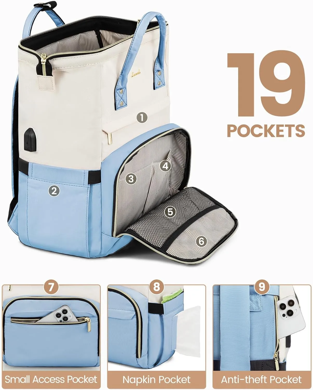 LOVEVOOK Laptop Backpack for Women Fashion Business Computer Backpacks Travel Bags Purse Doctor Nurse Work Backpack with USB Port, Fits 15.6-Inch Laptop Beige-Light Blue