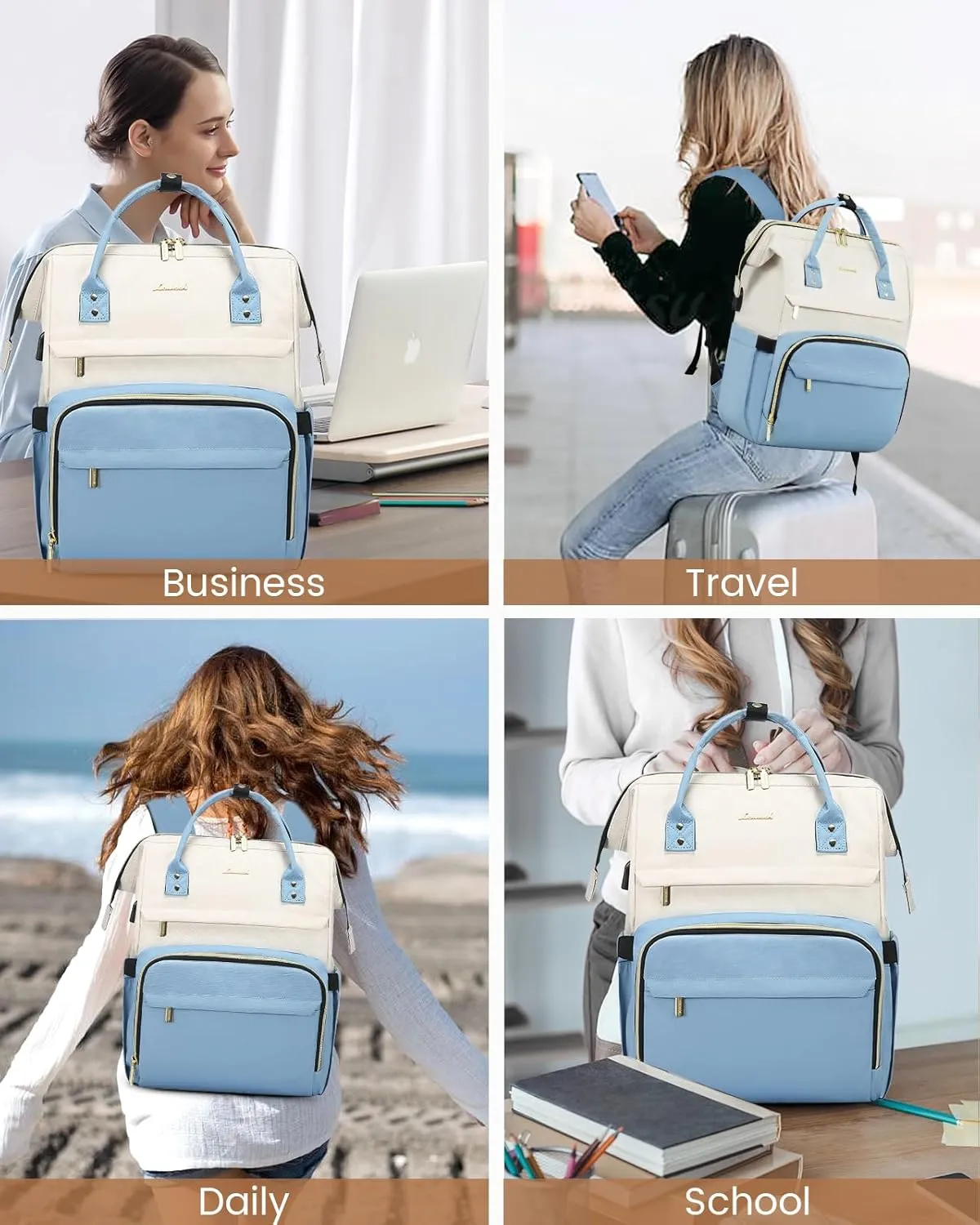 LOVEVOOK Laptop Backpack for Women Fashion Business Computer Backpacks Travel Bags Purse Doctor Nurse Work Backpack with USB Port, Fits 15.6-Inch Laptop Beige-Light Blue