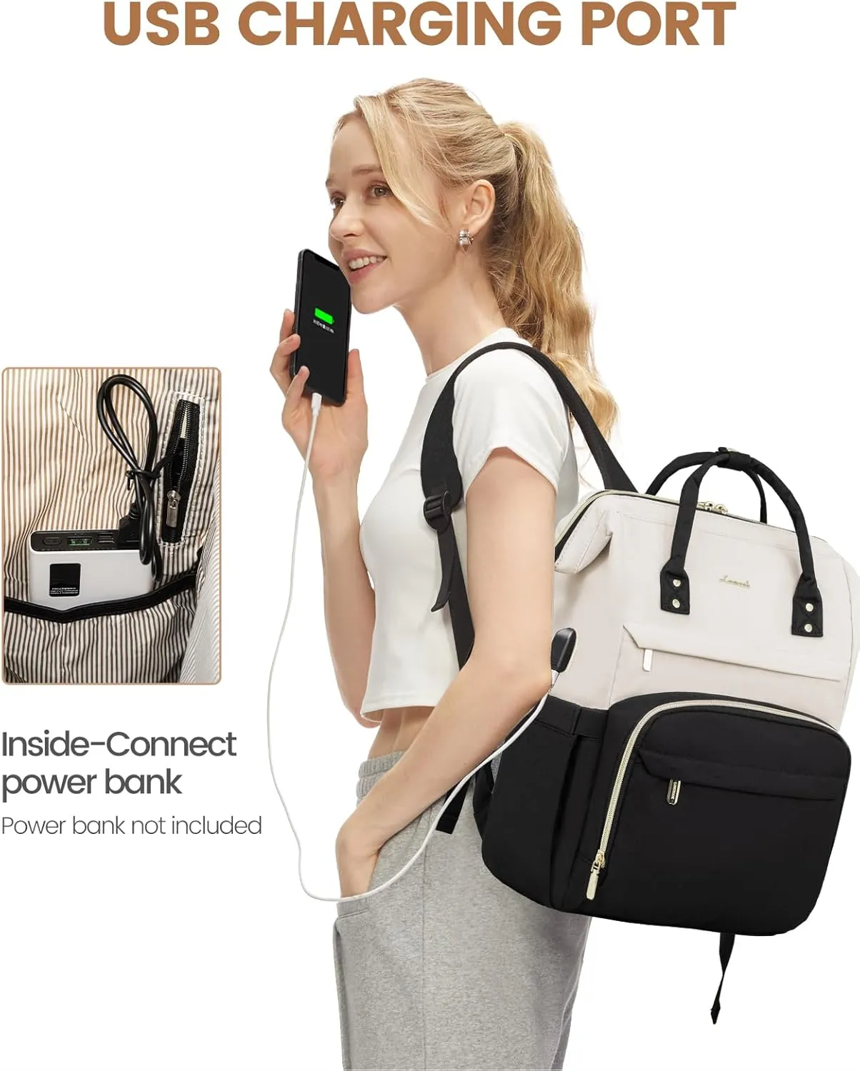 LOVEVOOK Laptop Backpack for Women Fashion Business Computer Backpacks Travel Bags Purse Doctor Nurse Work Backpack with USB Port, Fits 17-Inch Laptop Beige-Black