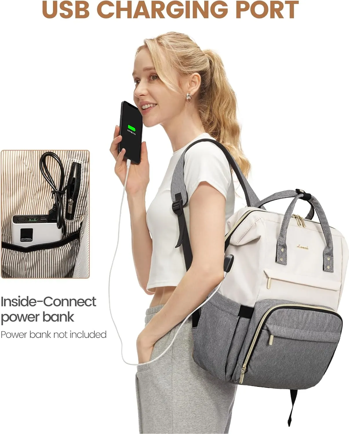 LOVEVOOK Laptop Backpack for Women Fashion Business Computer Backpacks Travel Bags Purse Doctor Nurse Work Backpack with USB Port, Fits 17-Inch Laptop Beige Grey