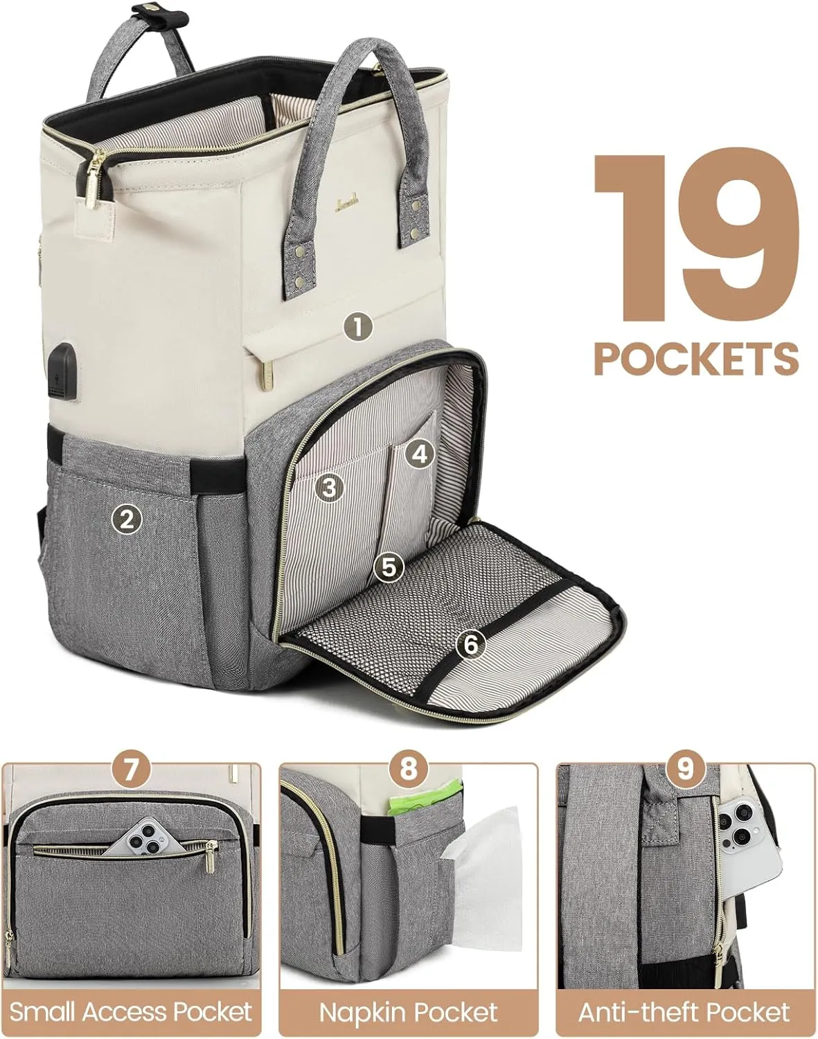 LOVEVOOK Laptop Backpack for Women Fashion Business Computer Backpacks Travel Bags Purse Doctor Nurse Work Backpack with USB Port, Fits 17-Inch Laptop Beige Grey