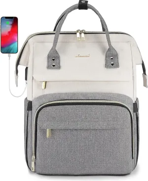 LOVEVOOK Laptop Backpack for Women Fashion Business Computer Backpacks Travel Bags Purse Doctor Nurse Work Backpack with USB Port, Fits 17-Inch Laptop Beige Grey