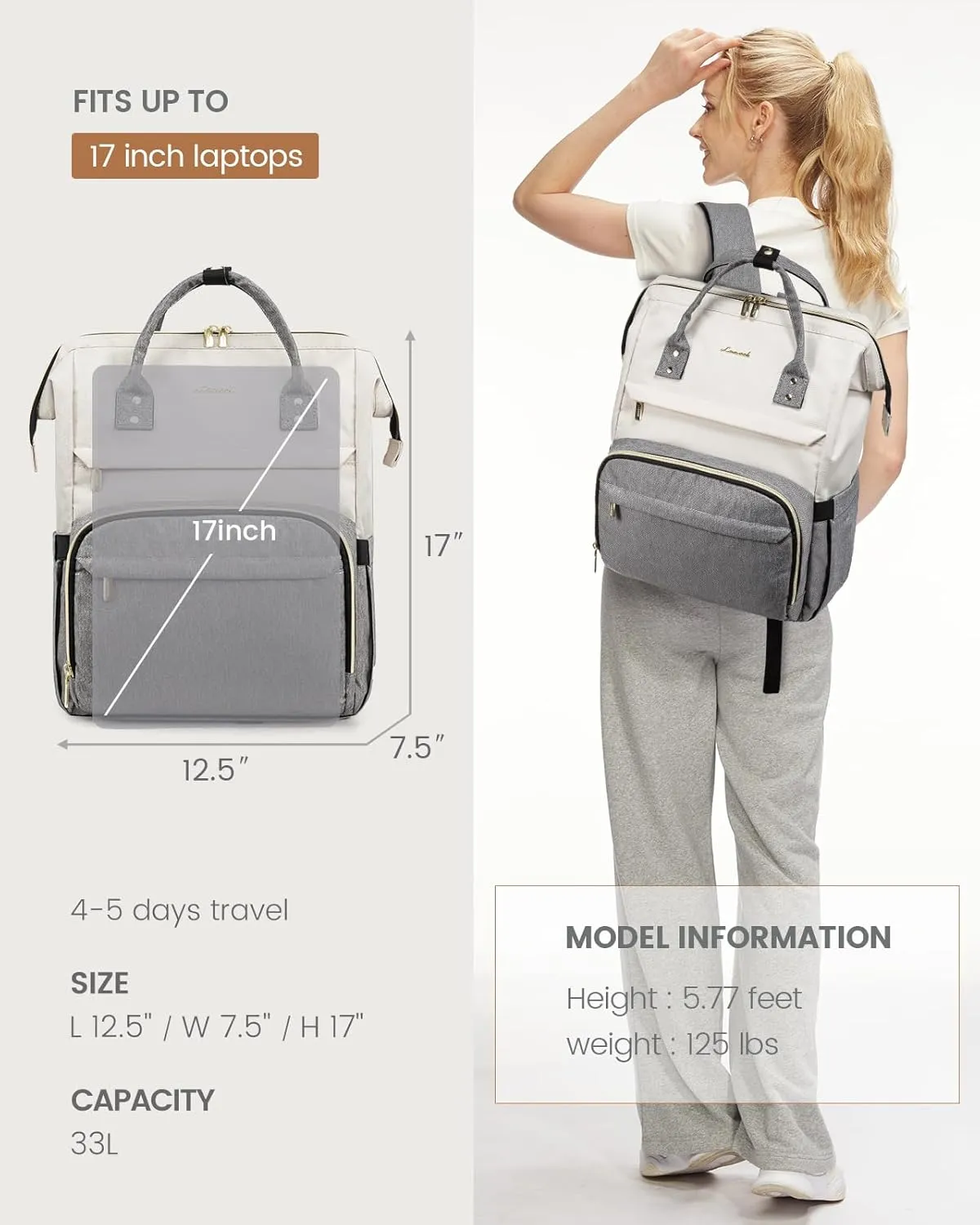 LOVEVOOK Laptop Backpack for Women Fashion Business Computer Backpacks Travel Bags Purse Doctor Nurse Work Backpack with USB Port, Fits 17-Inch Laptop Beige Grey