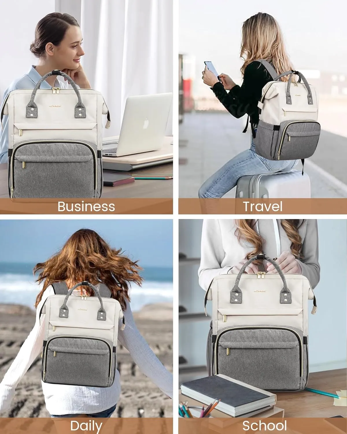 LOVEVOOK Laptop Backpack for Women Fashion Business Computer Backpacks Travel Bags Purse Doctor Nurse Work Backpack with USB Port, Fits 17-Inch Laptop Beige Grey