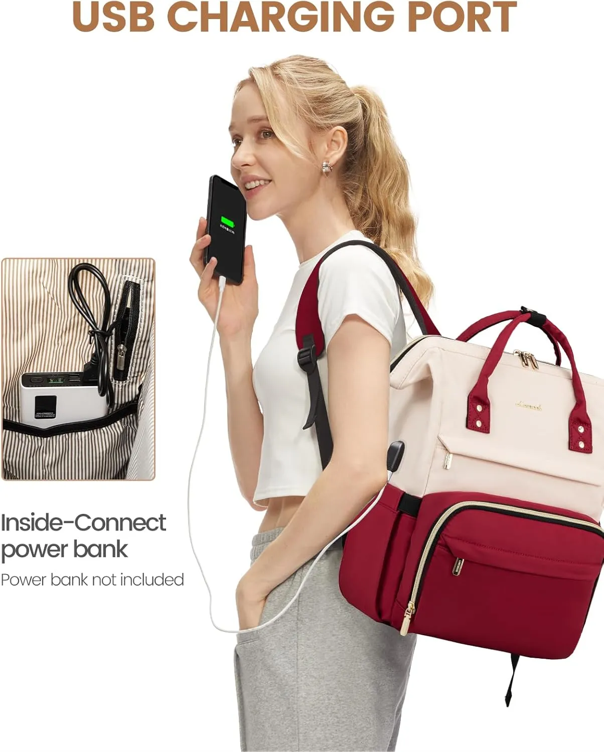 LOVEVOOK Laptop Backpack for Women Fashion Business Computer Backpacks Travel Bags Purse Doctor Nurse Work Backpack with USB Port, Fits 17-Inch Laptop White-Wine Red