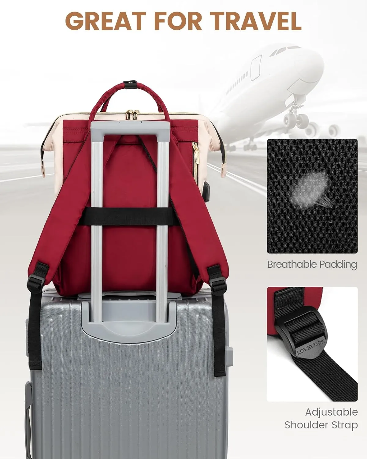 LOVEVOOK Laptop Backpack for Women Fashion Business Computer Backpacks Travel Bags Purse Doctor Nurse Work Backpack with USB Port, Fits 17-Inch Laptop White-Wine Red