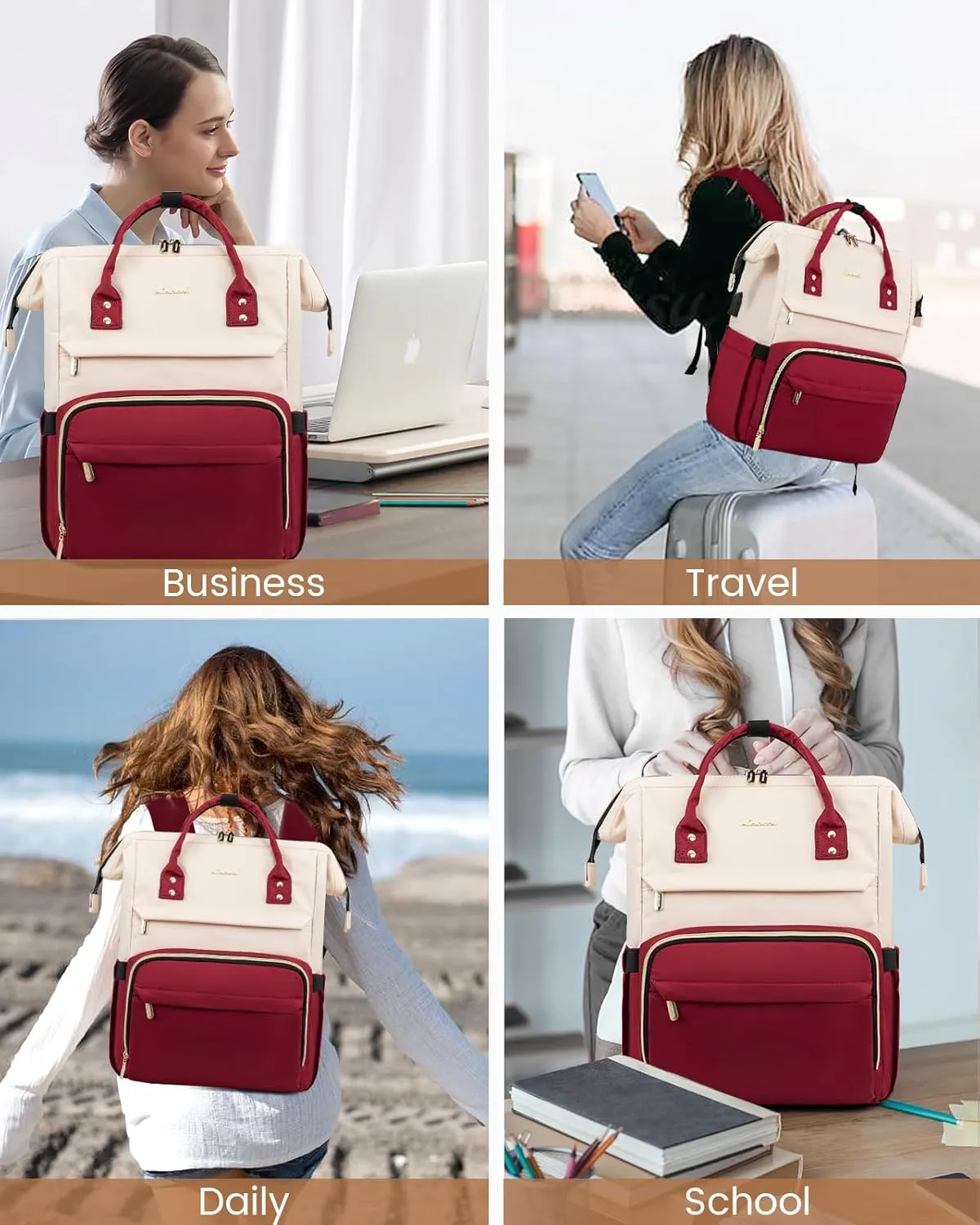 LOVEVOOK Laptop Backpack for Women Fashion Business Computer Backpacks Travel Bags Purse Doctor Nurse Work Backpack with USB Port, Fits 17-Inch Laptop White-Wine Red