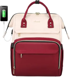 LOVEVOOK Laptop Backpack for Women Fashion Business Computer Backpacks Travel Bags Purse Doctor Nurse Work Backpack with USB Port, Fits 17-Inch Laptop White-Wine Red