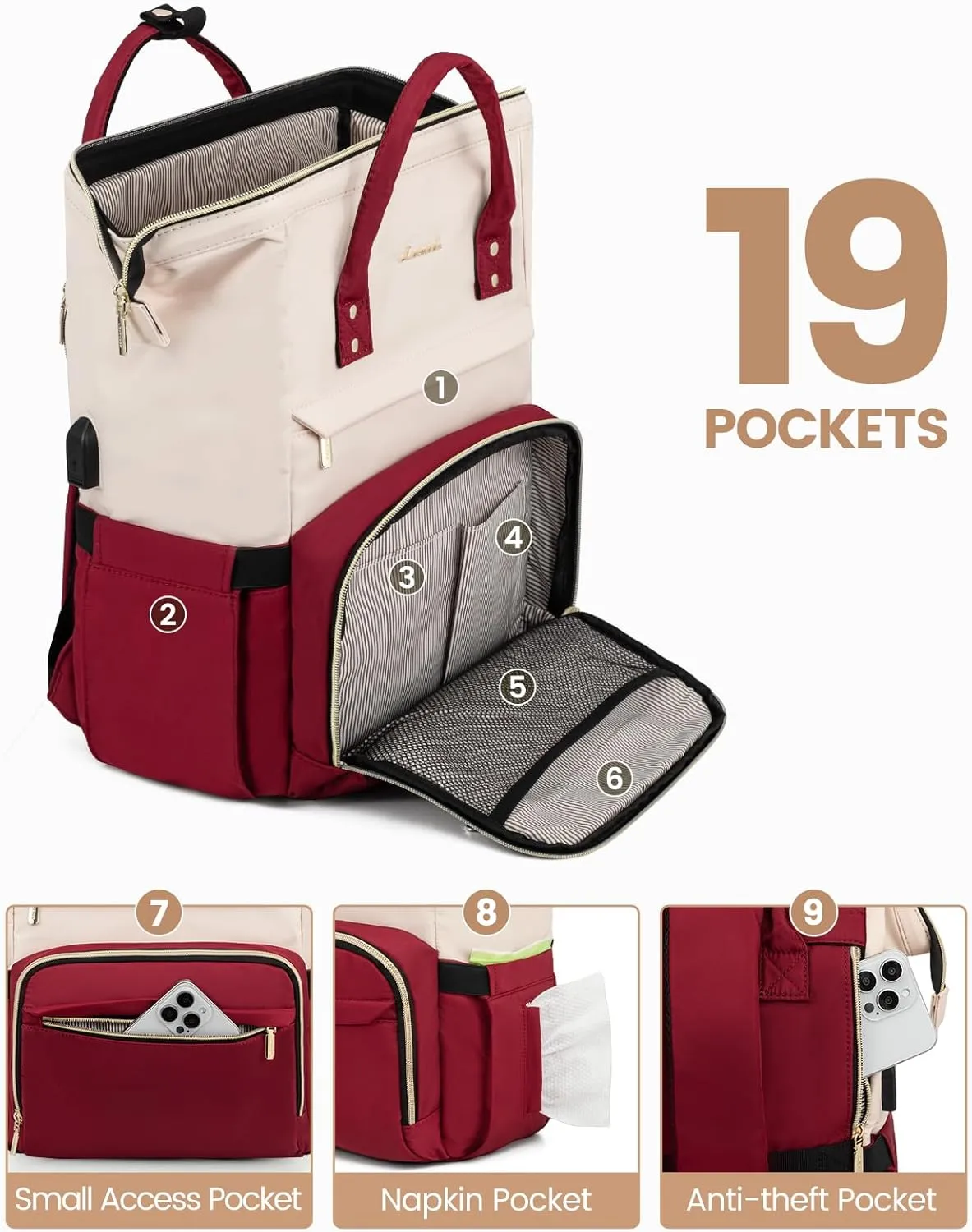 LOVEVOOK Laptop Backpack for Women Fashion Business Computer Backpacks Travel Bags Purse Doctor Nurse Work Backpack with USB Port, Fits 17-Inch Laptop White-Wine Red