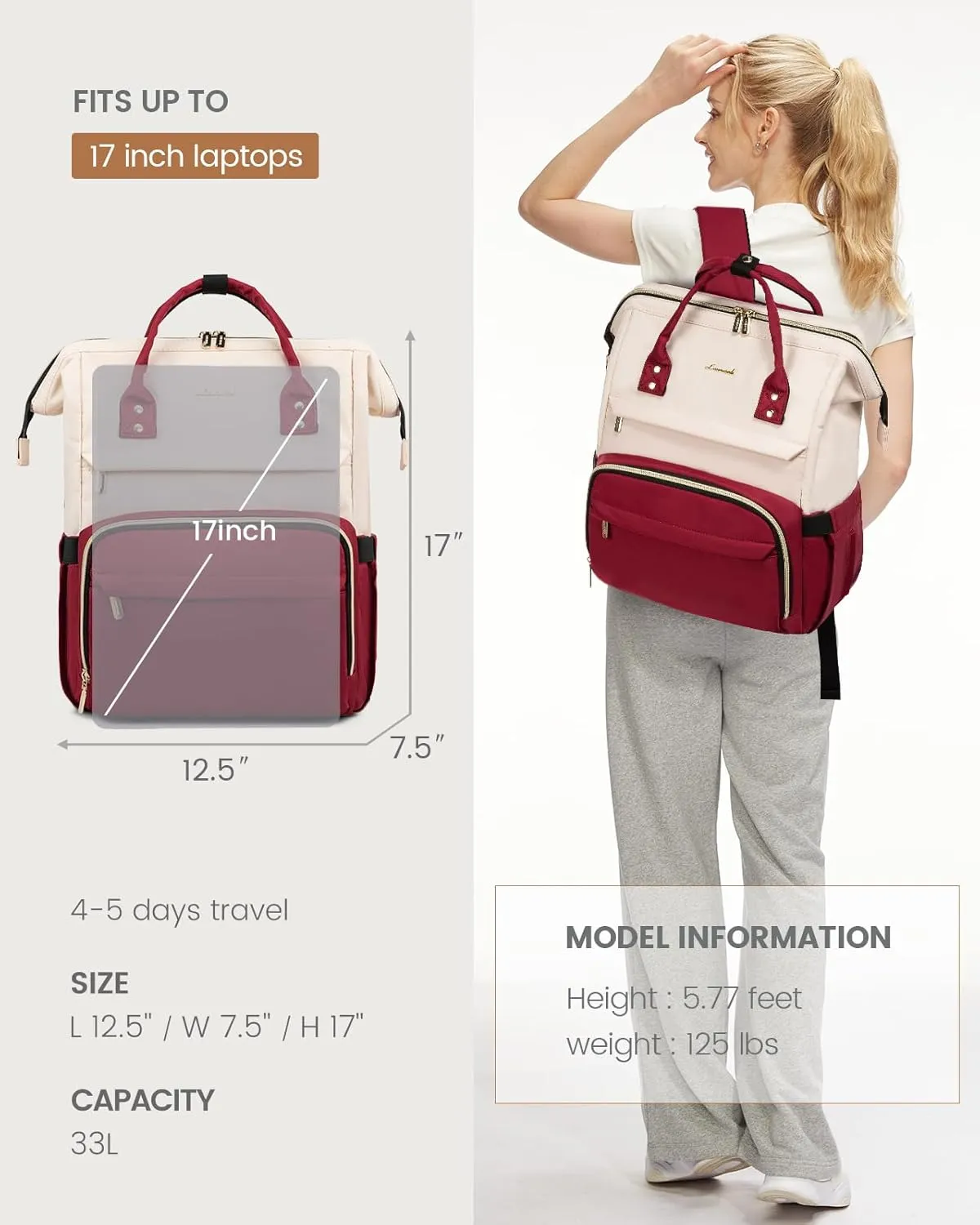 LOVEVOOK Laptop Backpack for Women Fashion Business Computer Backpacks Travel Bags Purse Doctor Nurse Work Backpack with USB Port, Fits 17-Inch Laptop White-Wine Red