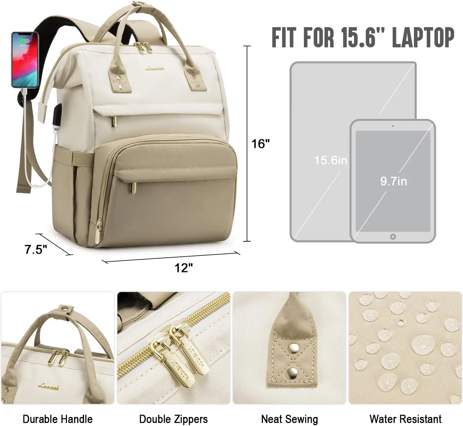 LOVEVOOK Laptop Backpack for Women, Fashion Computer Backpacks Purse, Business Travel Bags, Doctor Nurse Backpack for Work, Fits 15.6-Inch Laptop, Beige-Khaki