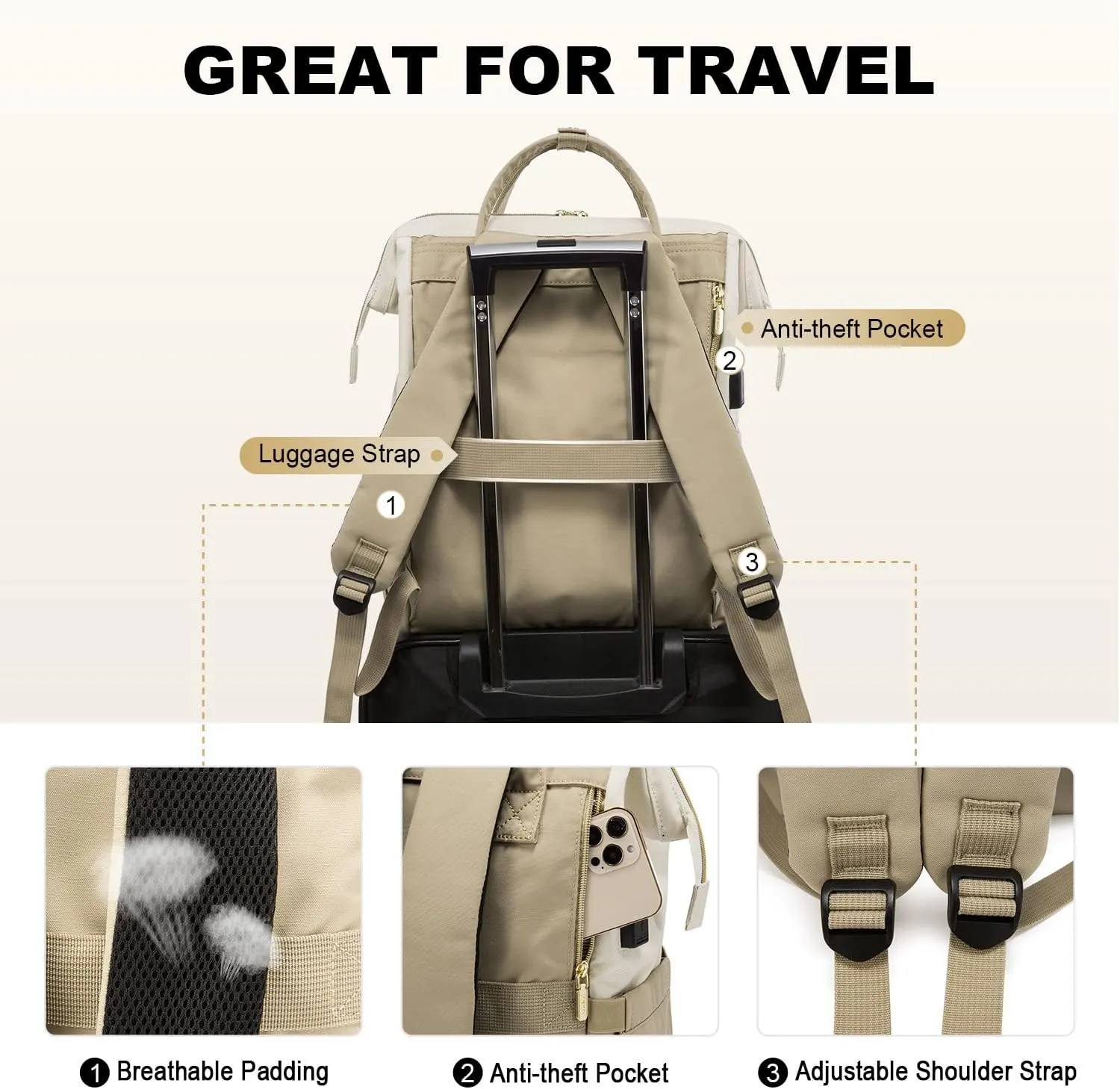 LOVEVOOK Laptop Backpack for Women, Fashion Computer Backpacks Purse, Business Travel Bags, Doctor Nurse Backpack for Work, Fits 15.6-Inch Laptop, Beige-Khaki