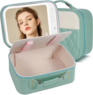 M-Box Travel Makeup Bag With LED Mirror, Protable Size Makeup Case Travel Cosmetic Bags Brush Organizer Storage Box, Rechargeable Vanity Mirror, Cosmetic Travel Bag for Women. (Mint-white)