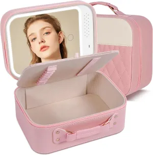 M-Box Travel Makeup Bag With LED Mirror, Protable Size Makeup Case Travel Cosmetic Bags Brush Organizer Storage Box, Rechargeable Vanity Mirror, Cosmetic Travel Bag for Women. (Pink)