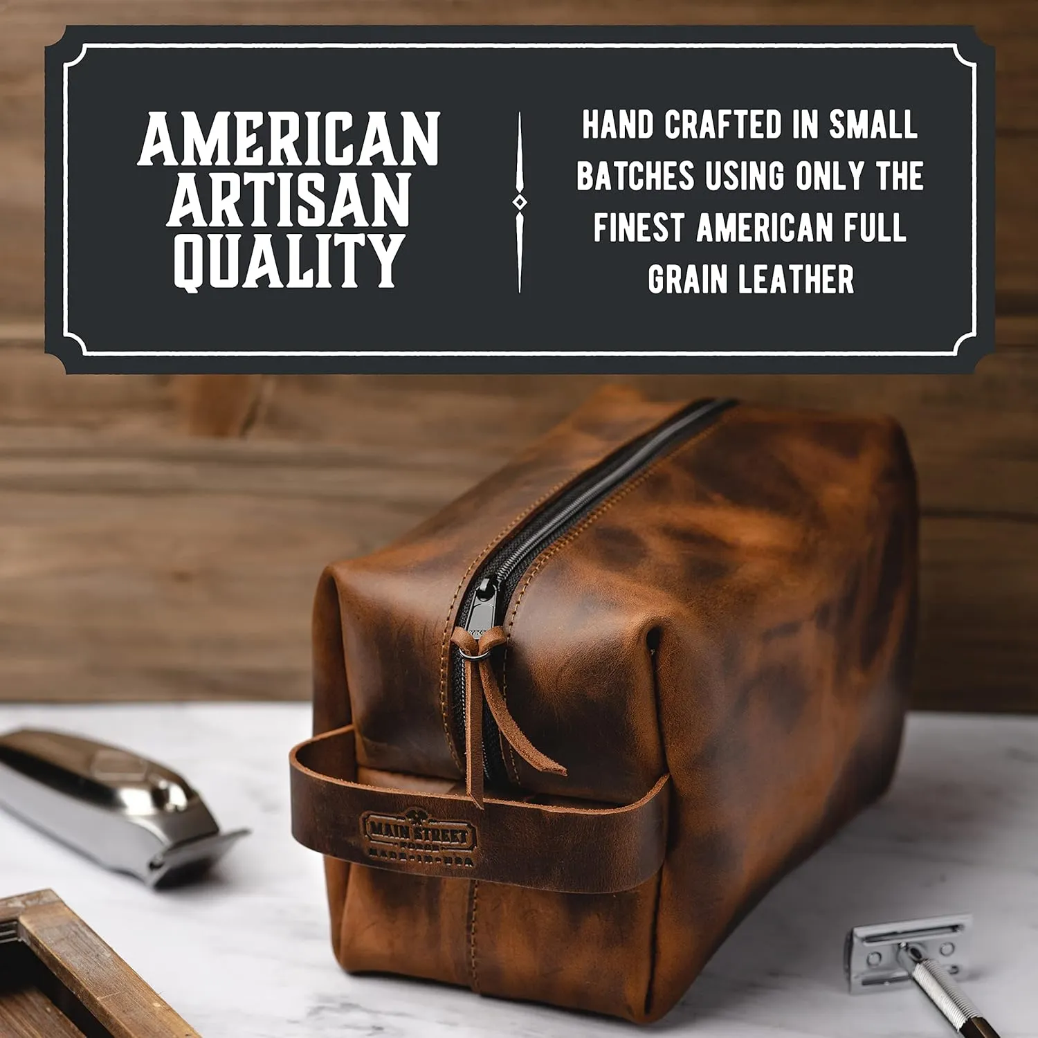 Main Street Forge Dopp Kit | Premium Full Grain Leather Toiletry Bag for Men | Made in USA | Travel Pack for Shaving Essentials & Accessories | Compact, Lightweight Mens Bathroom & Shower Case